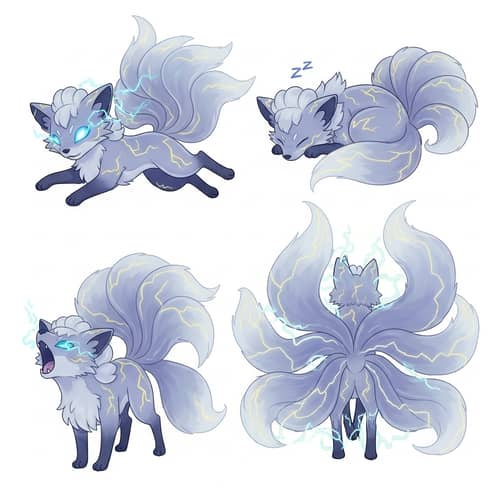 Electric Ghost Vulpix 2D Illustration in Various Poses