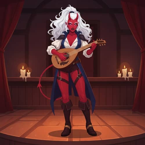 Fantasy Rogue Character with Red Skin and Lute Performance