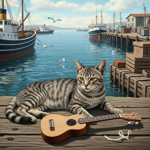 Aged Feline Serenading at Harbor with Ukulele