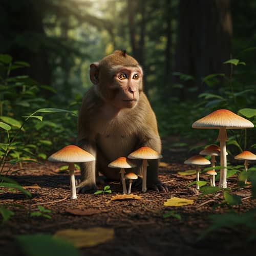 Curious Monkey and Magic Mushrooms in British Columbia Forest