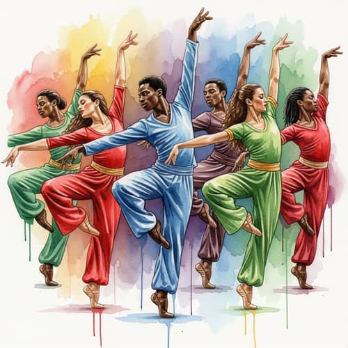 Elegant Watercolor Painting of Diverse Group Engaged in Dance