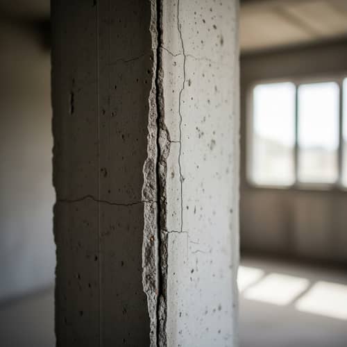 Close-Up Perspective of Damaged Concrete Column in One-Story Building