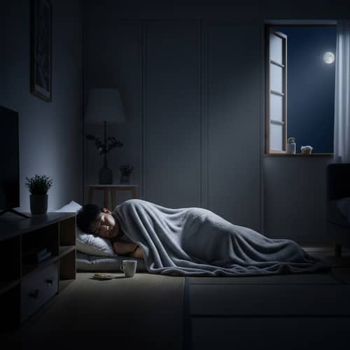 Tranquil Asian Man Sleeping in Dimly Lit Room at Night