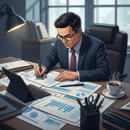 Mature Asian Man Analyzing Documents in Thoughtful Office Setting