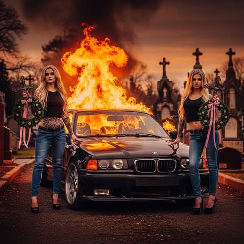 Gothic BMW E36 on Fire: Two Women in Mourning, Tattoos, and Diadems
