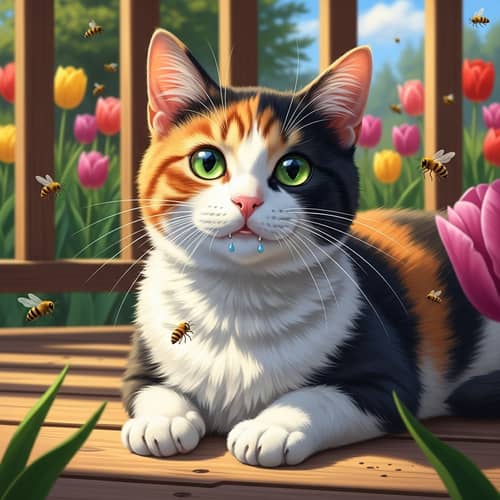 Vibrant Housecat Relaxing in Sunlight on Wooden Deck with Tulips