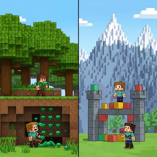 Blocky Sandbox Videogame: Forest Mining & Fortress Building