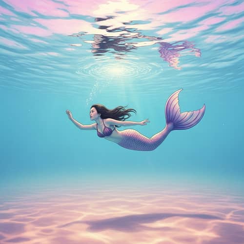 Ethereal Asian Mermaid Swimming in Moonlit Ocean