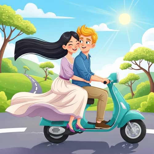 Cartoon Couple Riding Vespa in Love | Long Black Hair & Blond Hair