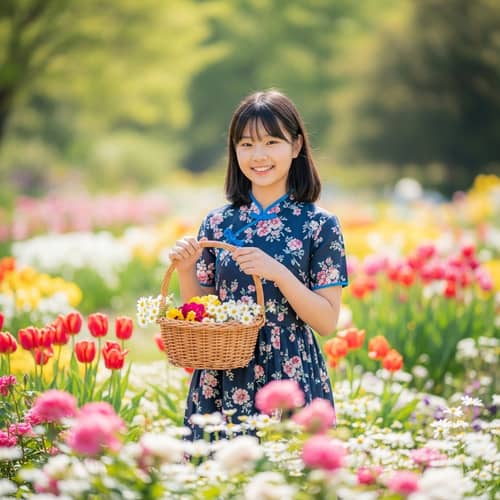 East Asian Girl in Traditional Summer Dress among Colorful Flowers