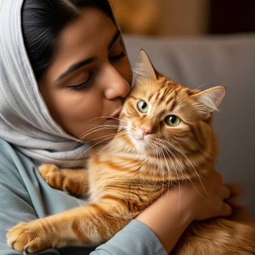 South Asian Woman Showing Affection to Fluffy Red Cat