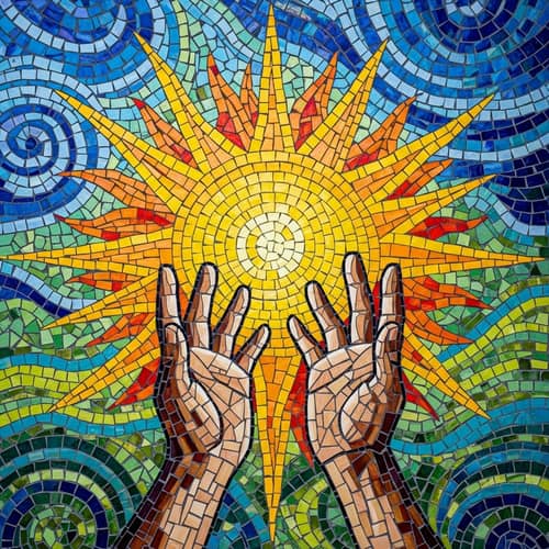 Brilliant Sun Mosaic with Reaching Hands - Sparkling Tile Art