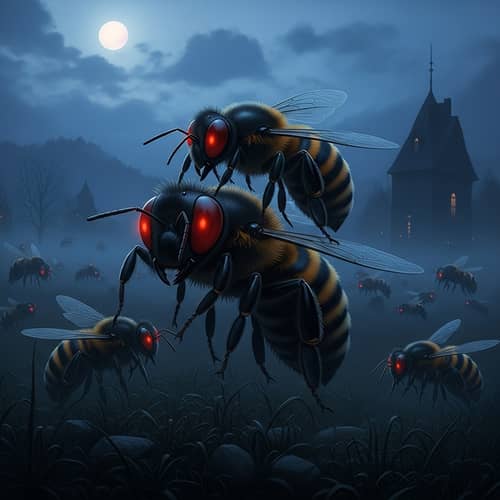 Gothic Horror Illustration: Eerie Bees in Twilight Mist