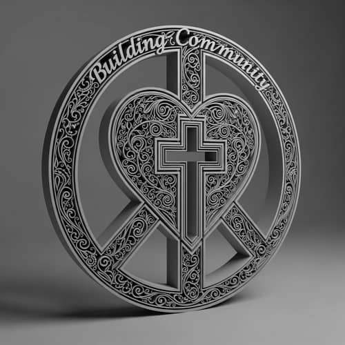3D Peace Symbol with Heart and Cross - Building Community