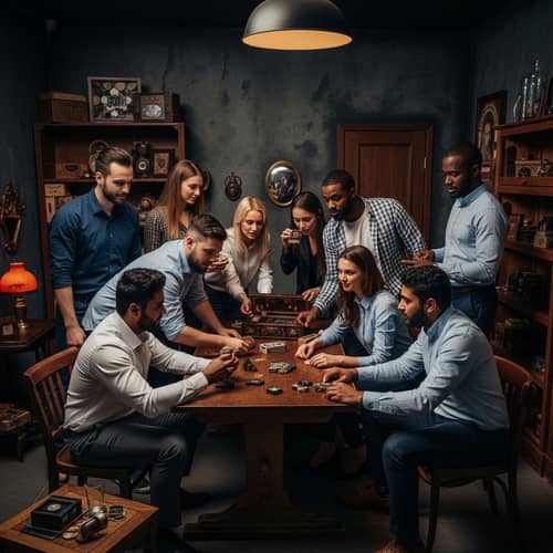 Diverse Corporate Team Building in Dimly Lit Escape Room