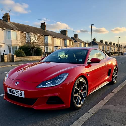 Modern Red Car Parked on Quiet Street at Sunset