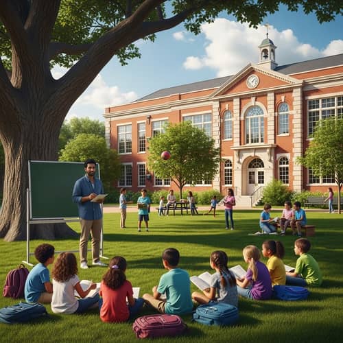 Diverse School Scene: Multicultural Classroom Outdoors