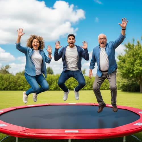 Diverse Individuals Jumping on Red Trampoline | Funny Outdoor Scene
