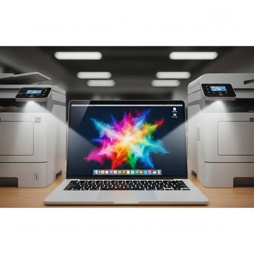 High-Resolution Starry Laptop Display with Modern Printers