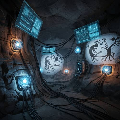 Technologically Advanced Cave | Ancient Artwork and Futuristic Machinery