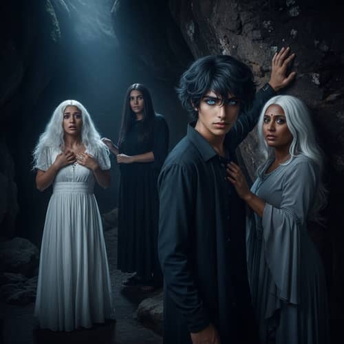 Ethereal Cave Scene with Haunting Silhouettes and Mysterious Characters