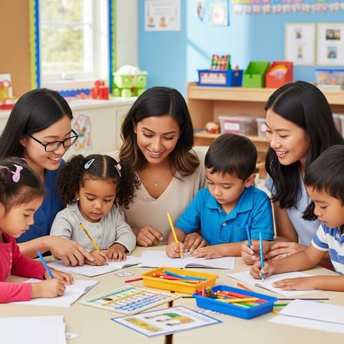 Diverse Female Teachers Engaging with Five-Year-Old Children