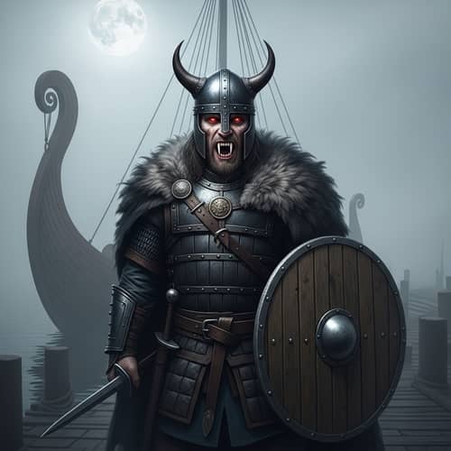 Scandinavian Viking Vampire in Armor on Foggy Dock