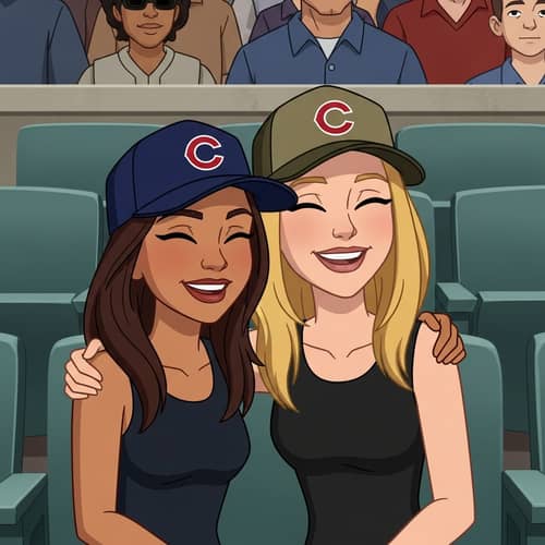 Pixar-Style Cartoon of Two Happy Women at Baseball Game