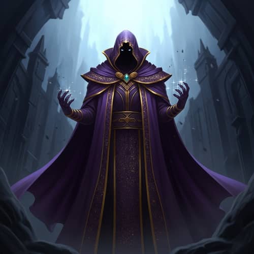 Mysterious Cloaked Figure in Fantasy Concept Art | Deep Purples & Shimmering Golds
