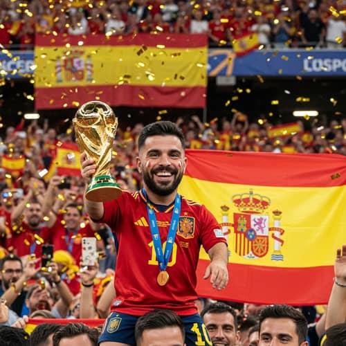 Spanish Dwarf Football Champion Celebrating Victory with Golden Trophy