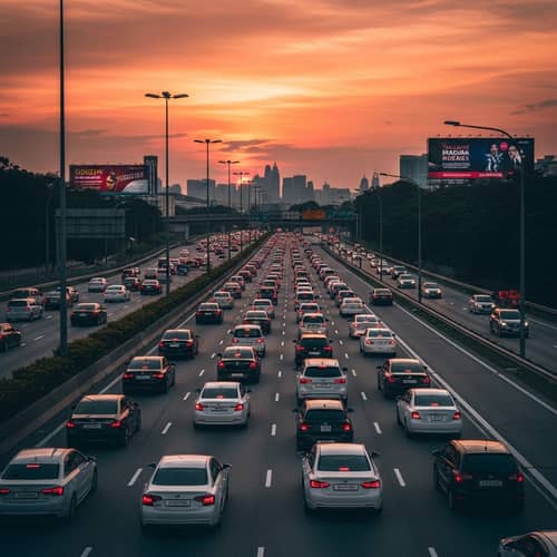 Festive Evening Traffic on Multilane Highway - First Day of Raya