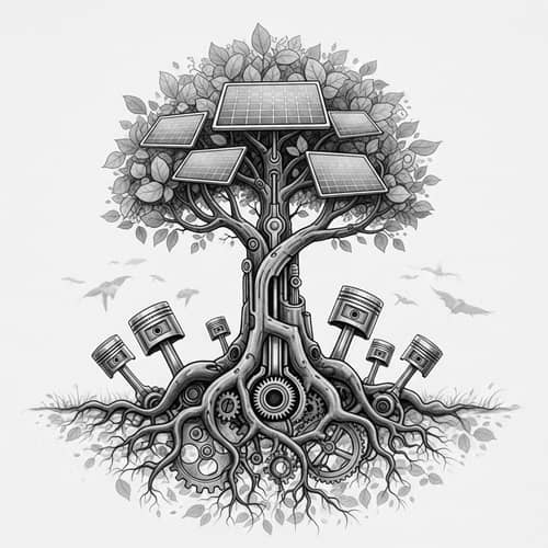 Biomechanical Tree: Connecting Nature with Machinery | Pencil Drawing Style