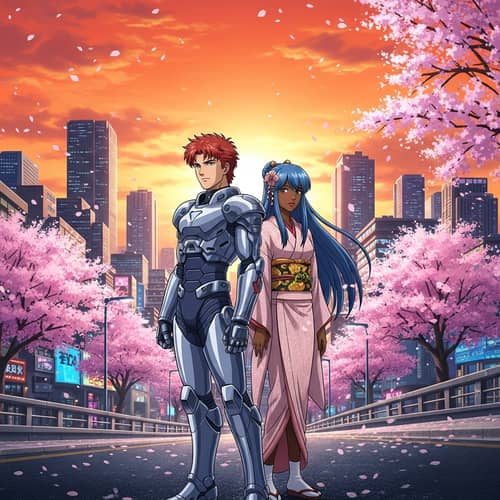 Spiky Red-haired Male and Blue-haired Female in Futuristic Cityscape