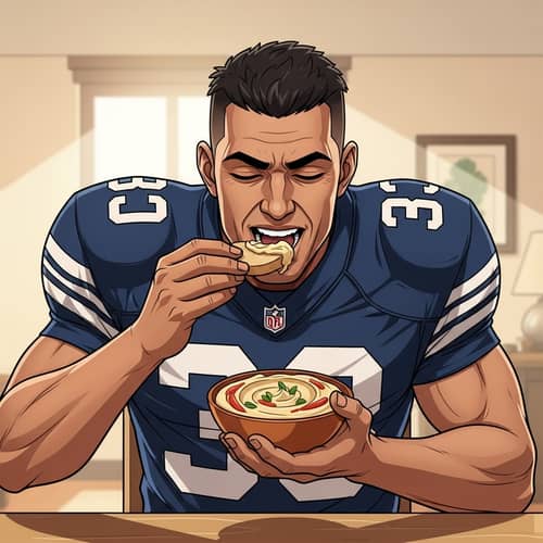 Athletic Man Enjoying Hummus - Football Player Delighting in Meal