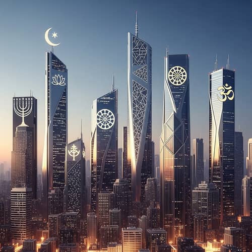 Futuristic Cityscape with Diverse Religious Symbols | Unity & Diversity