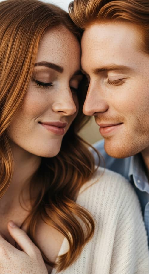 Warm Embrace of Caucasian Couple with Ginger Hair and Freckles