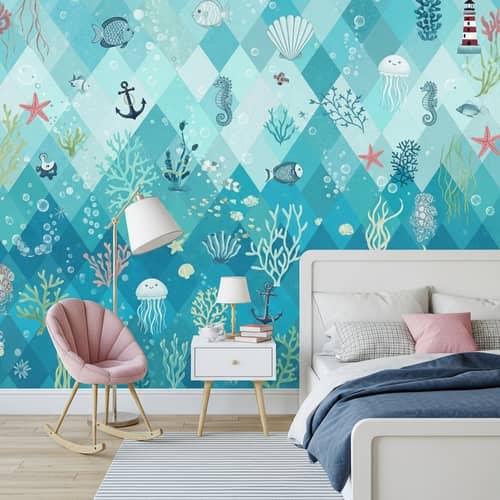 Ocean-Themed Wallpaper Design for Girl's Bedroom | Vibrant Sea Pattern