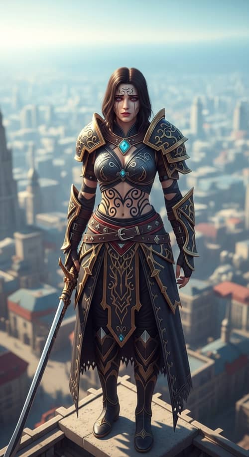 Powerful Female Adventurer in Fantasy Cityscape Artwork