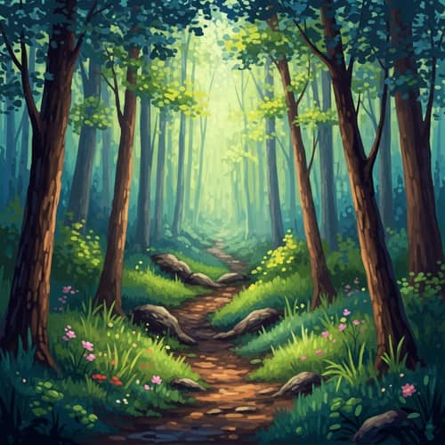 Mystical Forest with Hidden Path: Vibrant Impressionistic Painting