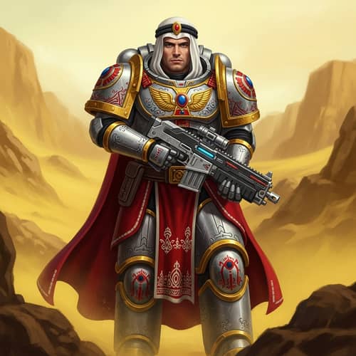 Futuristic Middle-Eastern Space Marine Fighter in Desert Landscape