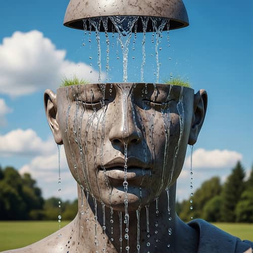 Flowing Wisdom: Human Head Sculpture with Knowledge Water