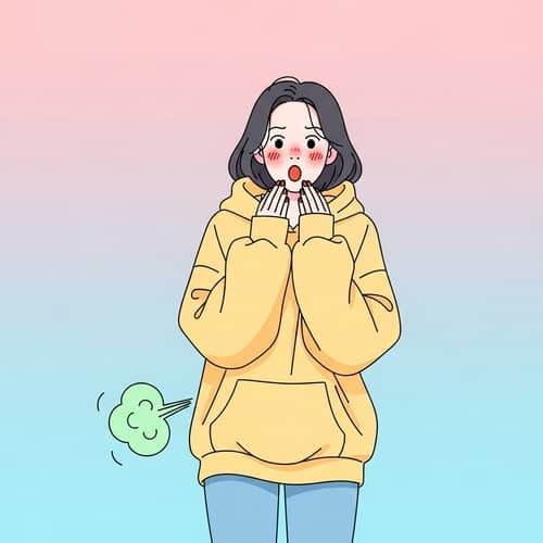 Amusing Illustration of a Surprised Young Korean Woman Releasing Gas