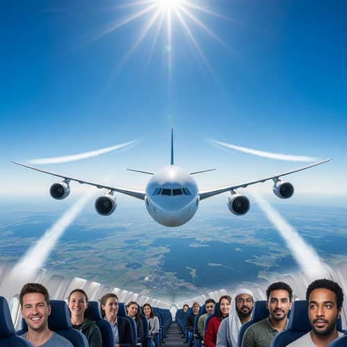 Commercial Airplane Mid-Flight | Radiant Sun | Rural Landscapes