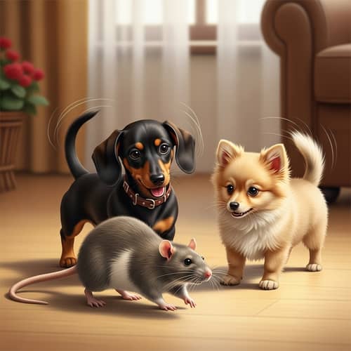 Charming Scene of Small Dogs Interacting with Large Rat