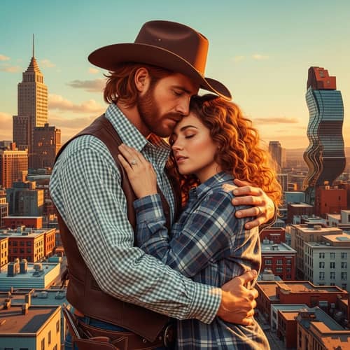 Rugged Cowboy Embracing Woman in Surreal Cityscape