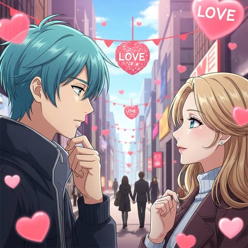 Finding Love in a Bustling City: Turquoise-haired Man and Blonde Woman