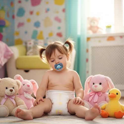 Toddler in Large Diaper Sucking Pacifier | Nursery Scene