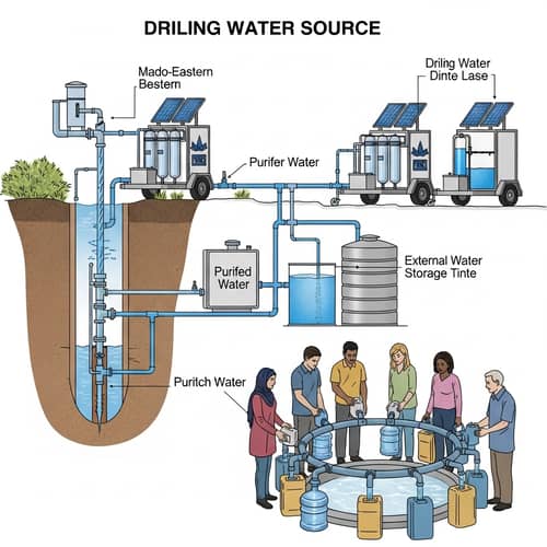 Underground Water Source Access & Purification System with Solar Panels