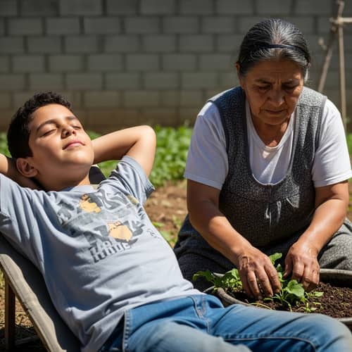 Sunbathing Boy and Working Mother: A Tale of Contrasts