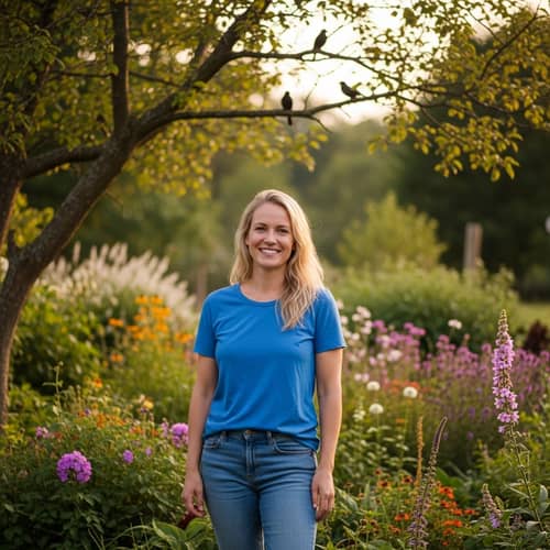 Mid-Thirties Blonde Woman in Serene Garden